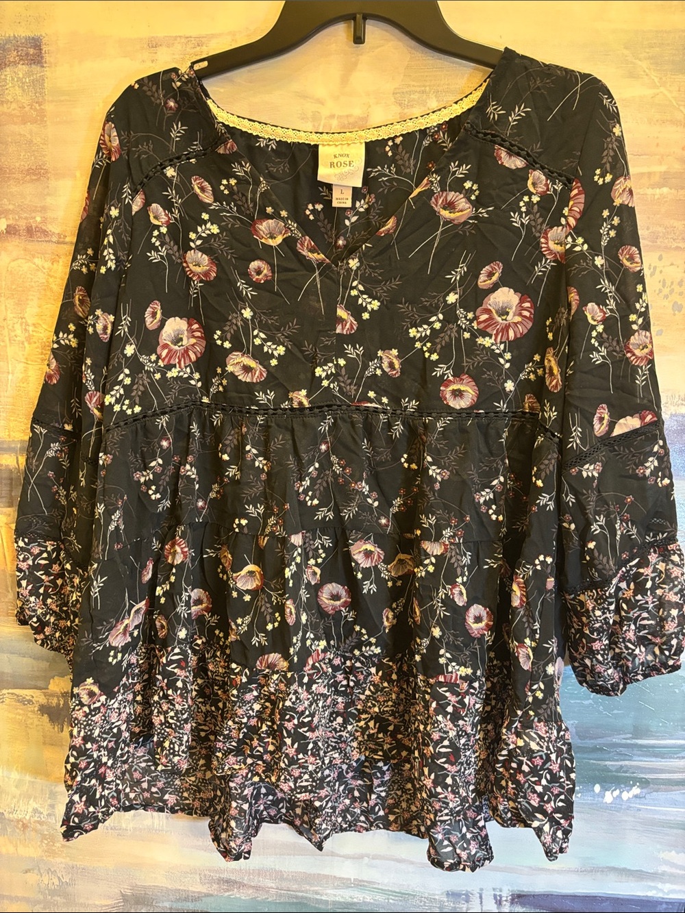 Knox Rose Black Floral Tiered Peasant Tunic